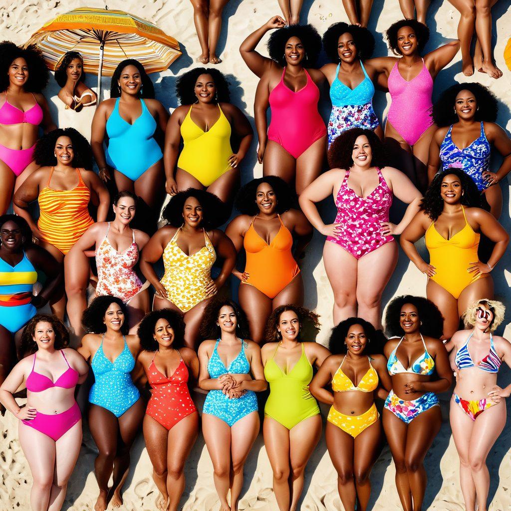A diverse group of individuals joyfully celebrating body positivity on a sunny beach, showcasing their unique shapes and sizes while wearing colorful swimsuits. The scene conveys a vibrant aura of self-love and sensuality, with smiles and laughter radiating confidence. Bright flowers and uplifting messages of self-acceptance subtly blend into the background. super-realistic. vibrant colors. sunny atmosphere.