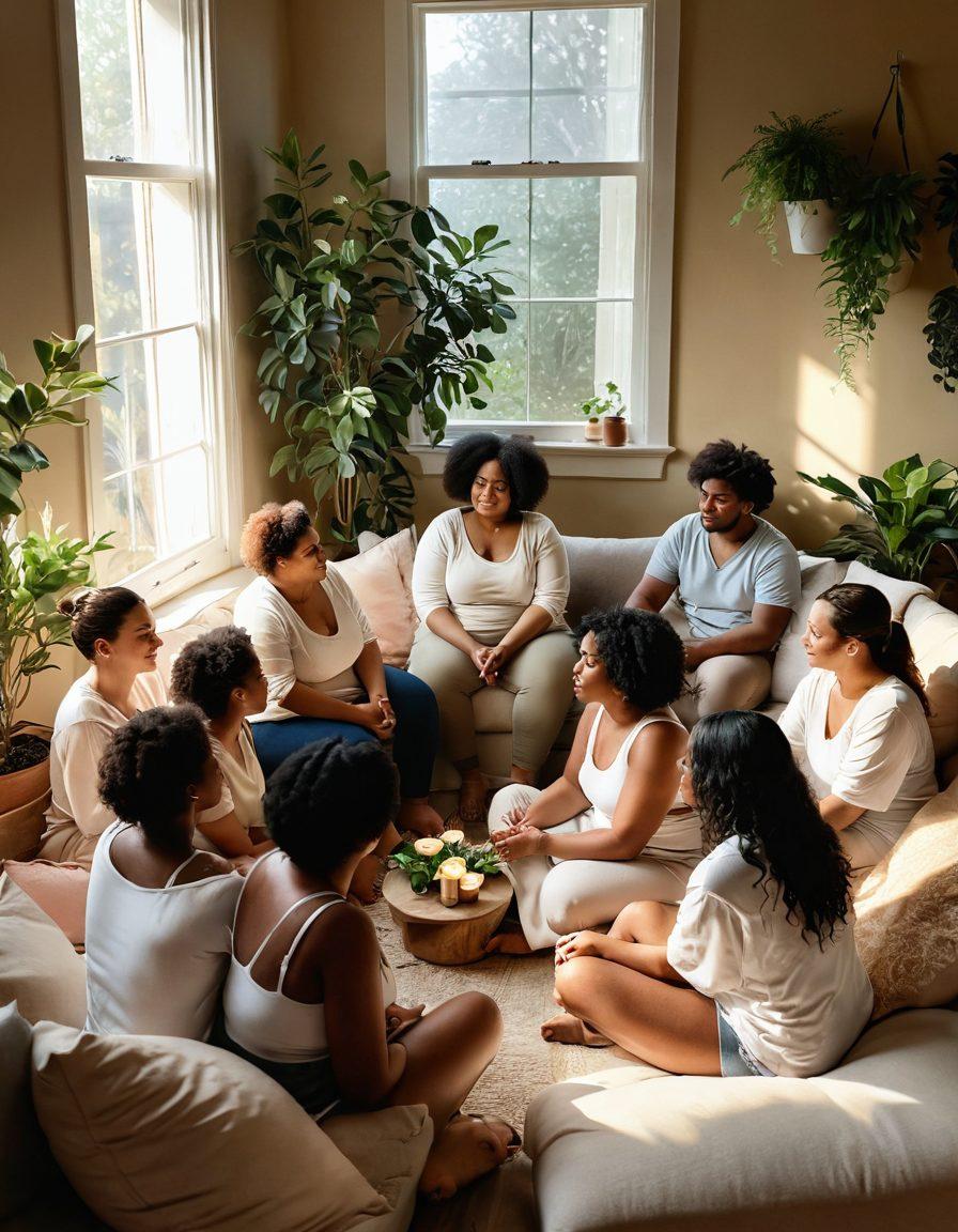 A warm, inviting scene of a diverse group of individuals sitting in a cozy circle, sharing heartfelt conversations on body positivity. Each person reflects different body types and backgrounds, radiating confidence and love, surrounded by soft cushions and calming plants. Gentle sunlight filters through a nearby window, casting a serene glow, emphasizing the theme of self-acceptance and intimacy. super-realistic. soft tones. cozy atmosphere.
